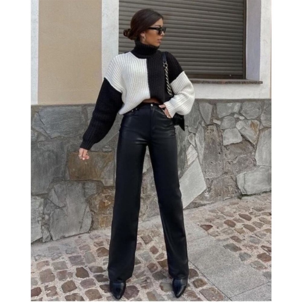 Zara High Waist Straight Leg Faux Leather Black Trouser Pants NWOT